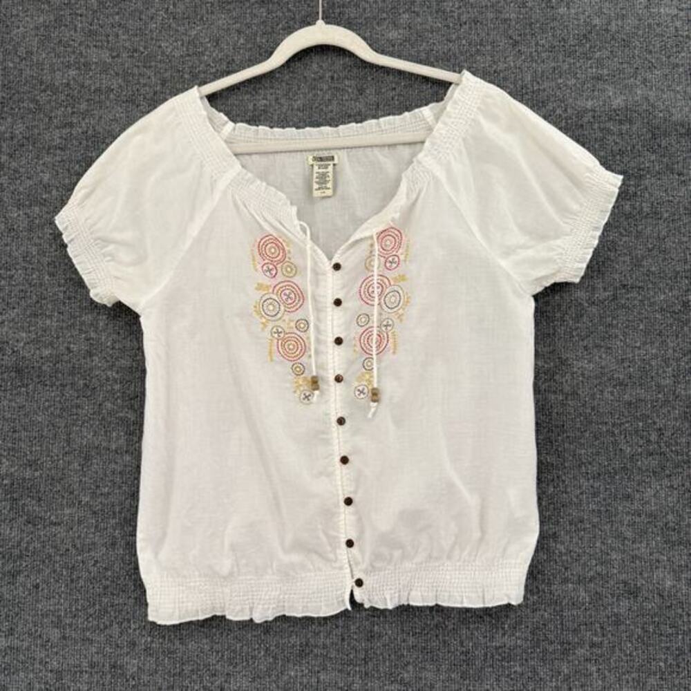 Vintage Route 66 Embroidered Peasant Blouse Womens Large White Smocked Bohemian